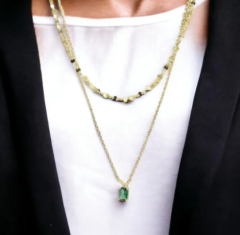 Two layer Gold/Green Necklace Plata 925